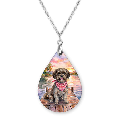 Brown Shih Tzu lake teardrop pendant necklace on a silver-tone chain