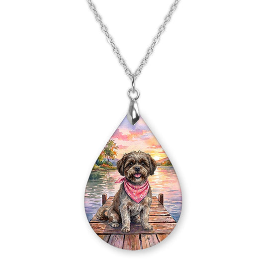 Brown Shih Tzu lake teardrop pendant necklace on a silver-tone chain