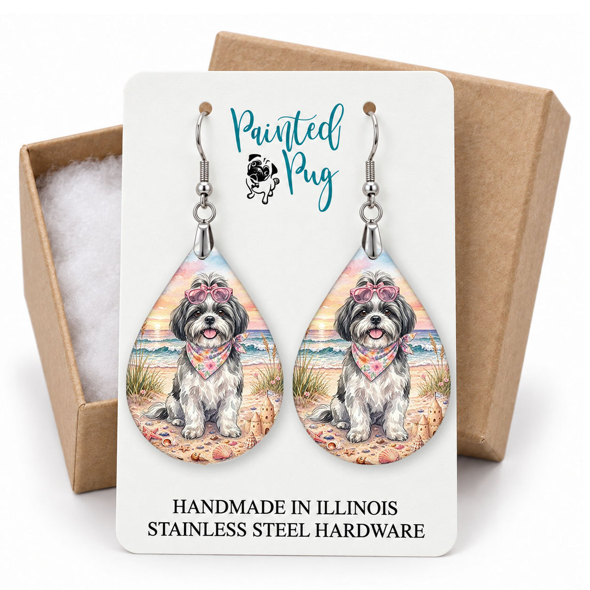 Black and White Shih Tzu beach teardrop earrings on a Painted Pug earring card with a kraft gift box