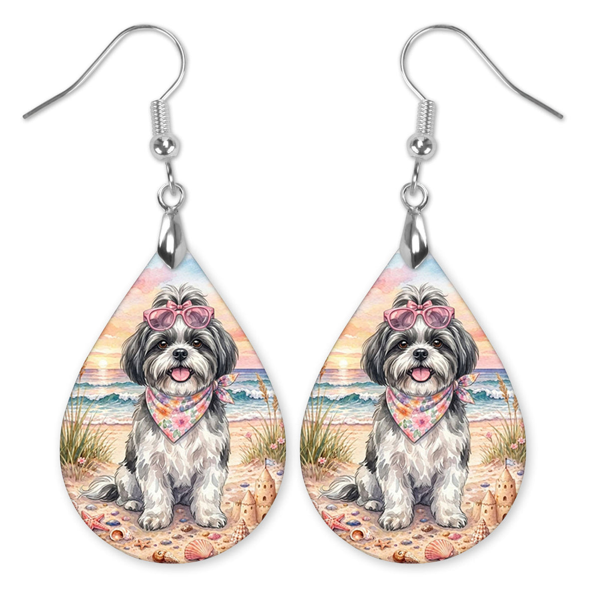 Black and White Shih Tzu in heart sunglasses at the beach teardrop earrings with silver-tone hooks