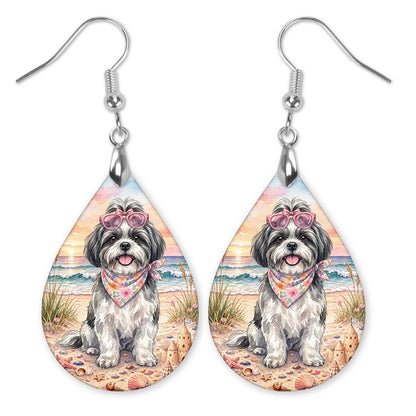 Black and White Shih Tzu in heart sunglasses at the beach teardrop earrings with silver-tone hooks