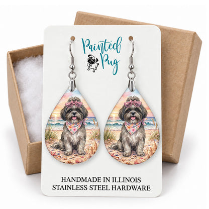 Grey Shih Tzu beach teardrop earrings on a Painted Pug earring card with a kraft gift box
