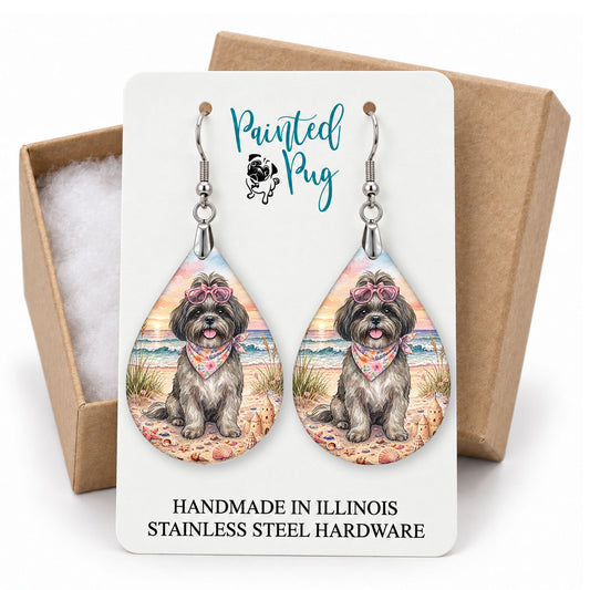 Grey Shih Tzu beach teardrop earrings on a Painted Pug earring card with a kraft gift box