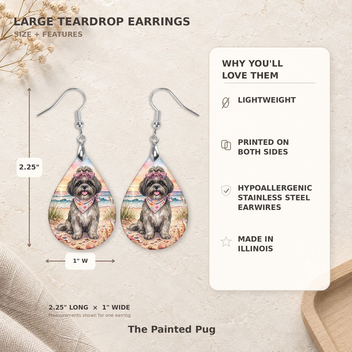 Size and features guide for the grey shih tzu beach teardrop earrings, 2.25 inches long by 1 inch wide