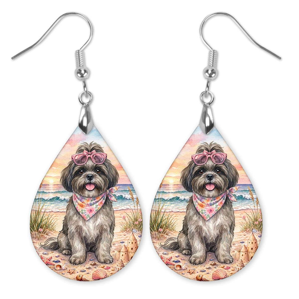Grey Shih Tzu in heart sunglasses at the beach teardrop earrings with silver-tone hooks