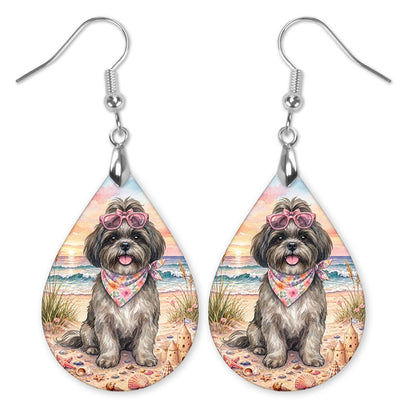 Grey Shih Tzu in heart sunglasses at the beach teardrop earrings with silver-tone hooks