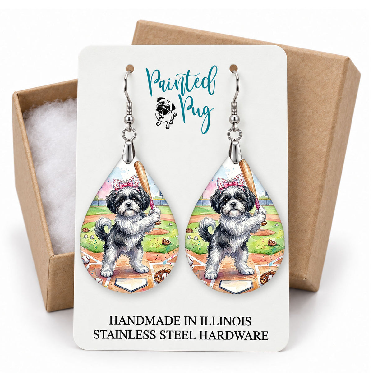 Black and White Shih Tzu baseball teardrop earrings on a Painted Pug earring card with a kraft gift box