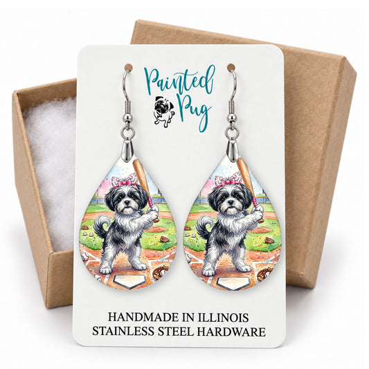 Black and White Shih Tzu baseball teardrop earrings on a Painted Pug earring card with a kraft gift box