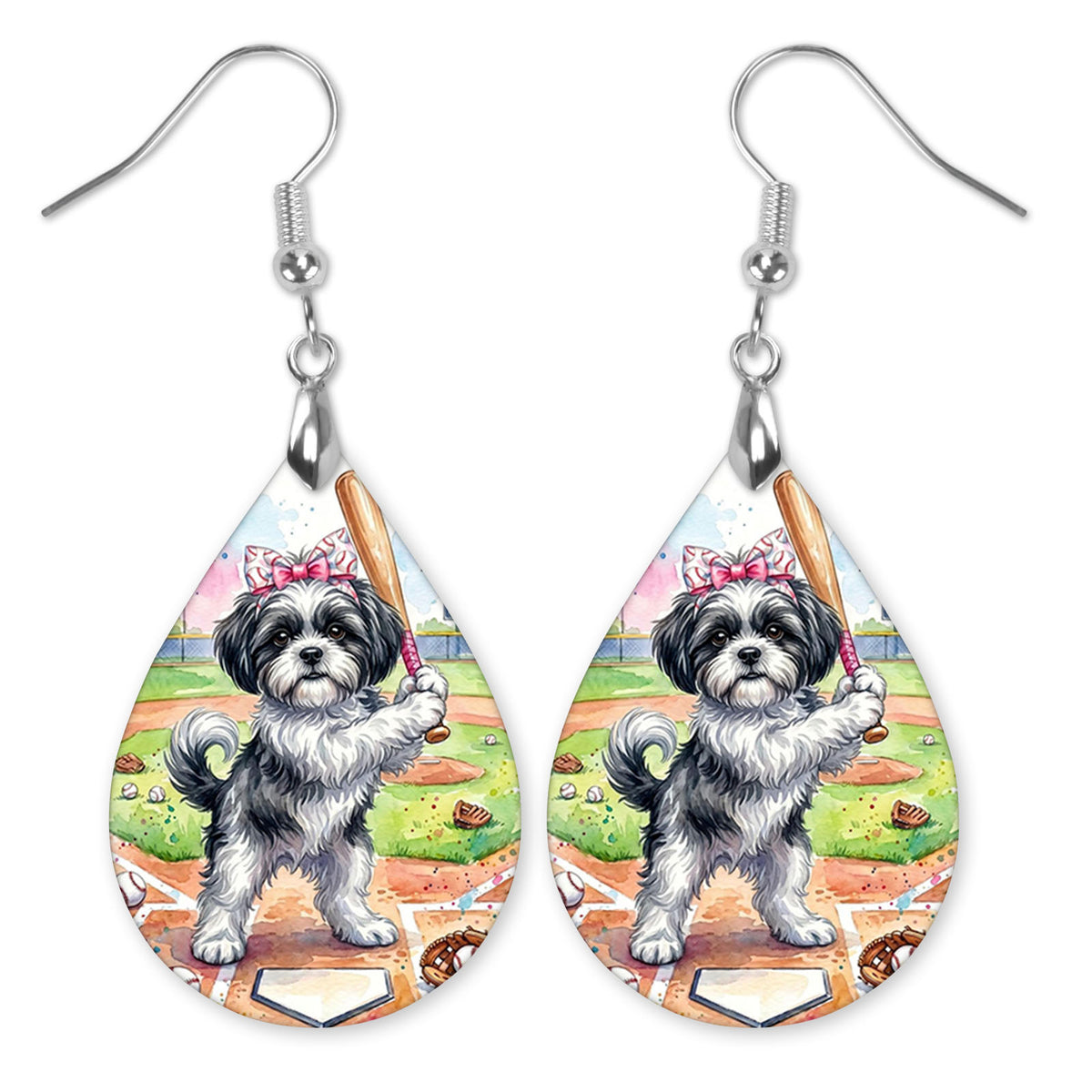 Black and White Shih Tzu swinging a bat at home plate teardrop earrings with silver-tone hooks