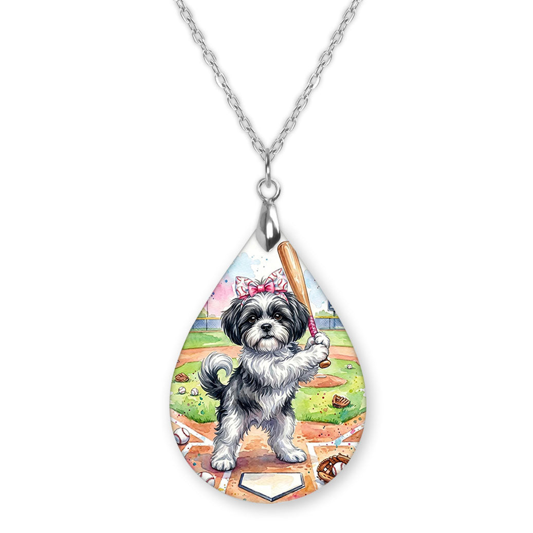 Black and White Shih Tzu baseball teardrop pendant necklace on a silver-tone chain