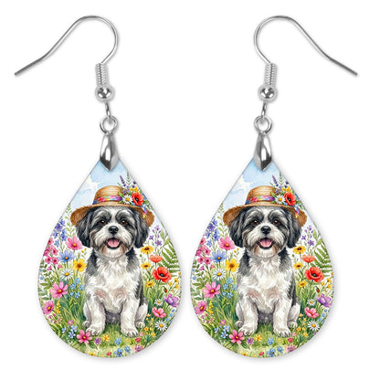 Black and White Shih Tzu in a straw hat in a wildflower field teardrop earrings with silver-tone hooks