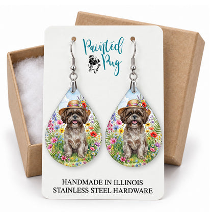 Grey Shih Tzu wildflower teardrop earrings on a Painted Pug earring card with a kraft gift box