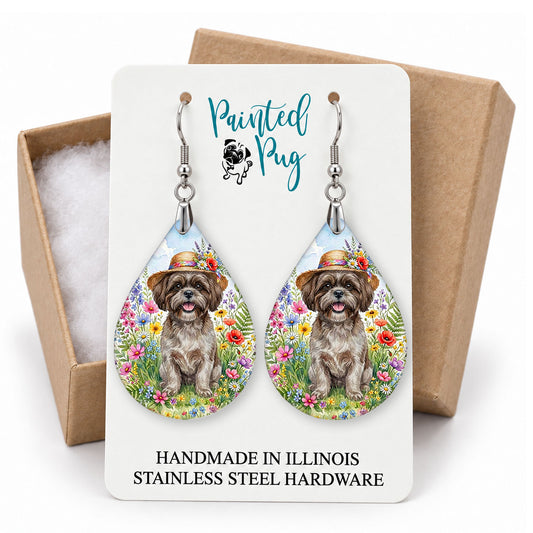 Grey Shih Tzu wildflower teardrop earrings on a Painted Pug earring card with a kraft gift box