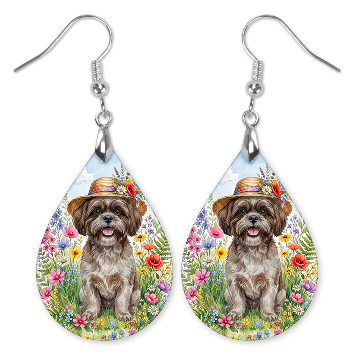 Grey Shih Tzu in a straw hat in a wildflower field teardrop earrings with silver-tone hooks
