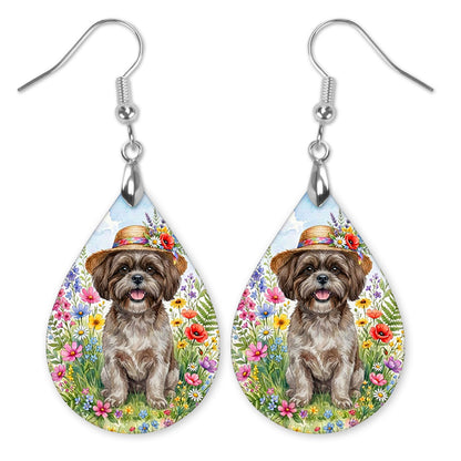 Grey Shih Tzu in a straw hat in a wildflower field teardrop earrings with silver-tone hooks