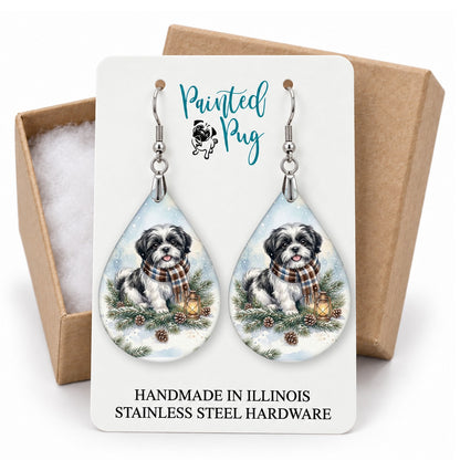 Black and White Shih Tzu Winter Woodland teardrop earrings on a gift box card