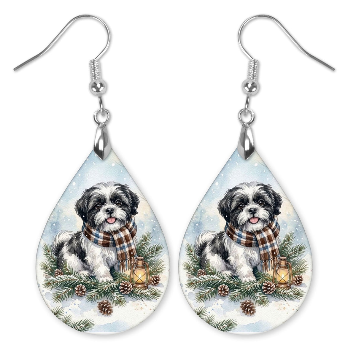 Black and White Shih Tzu Winter Woodland teardrop earrings with silver-tone hooks