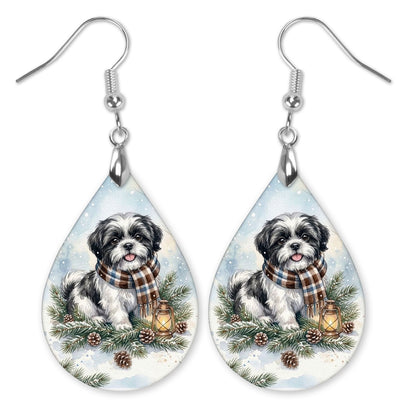 Black and White Shih Tzu Winter Woodland teardrop earrings with silver-tone hooks