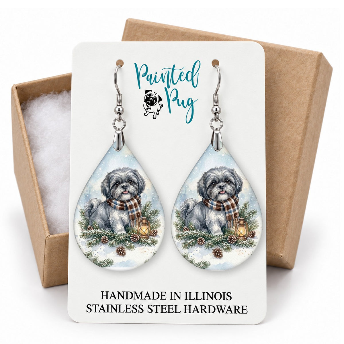Grey Shih Tzu Winter Woodland teardrop earrings on a gift box card