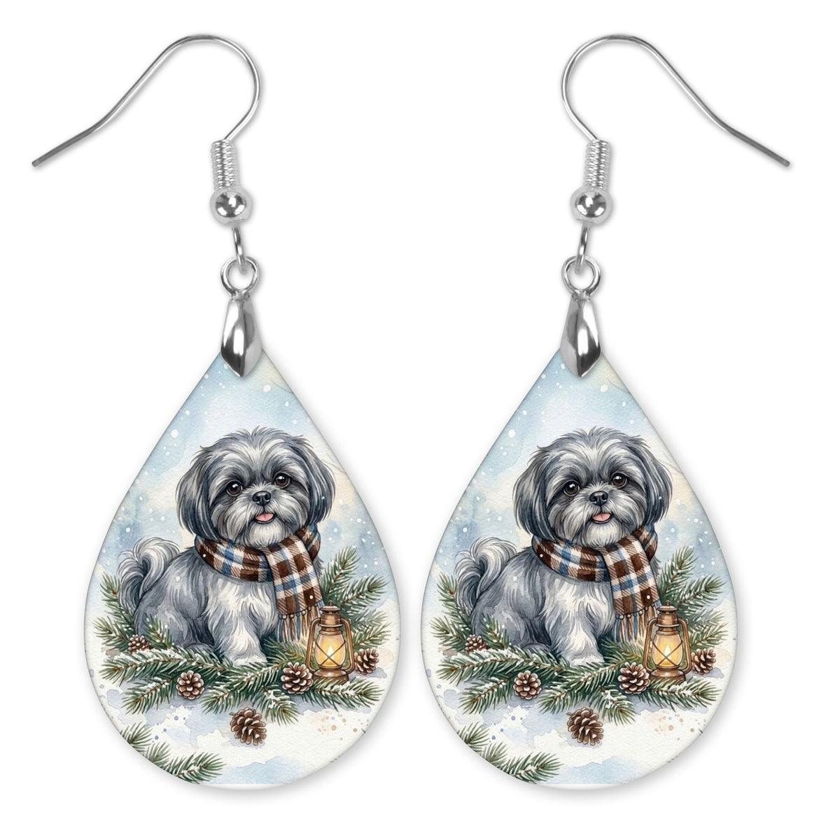 Grey Shih Tzu Winter Woodland teardrop earrings with silver-tone hooks
