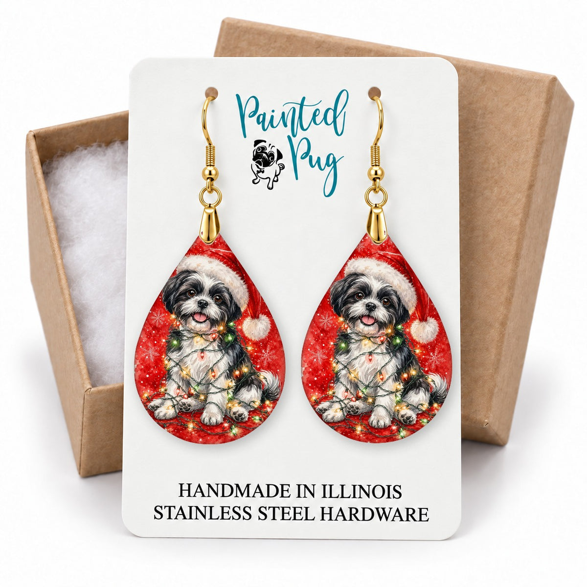 Black and White Shih Tzu Christmas Lights teardrop earrings on a gift box card