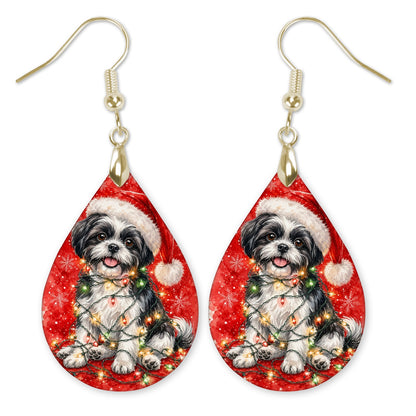 Black and White Shih Tzu Christmas Lights teardrop earrings with gold-tone hooks