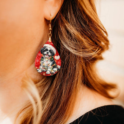 Black and White Shih Tzu Christmas Lights teardrop earrings worn by a model, close-up