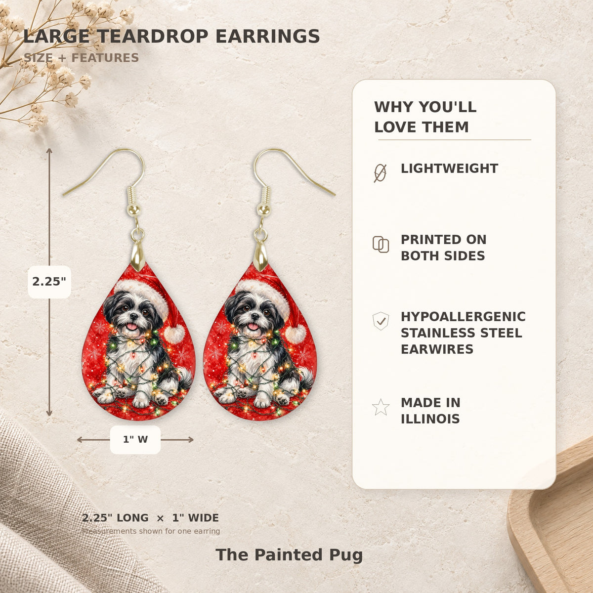 Earring size guide: 2.25 inches long with hook, 1 inch wide