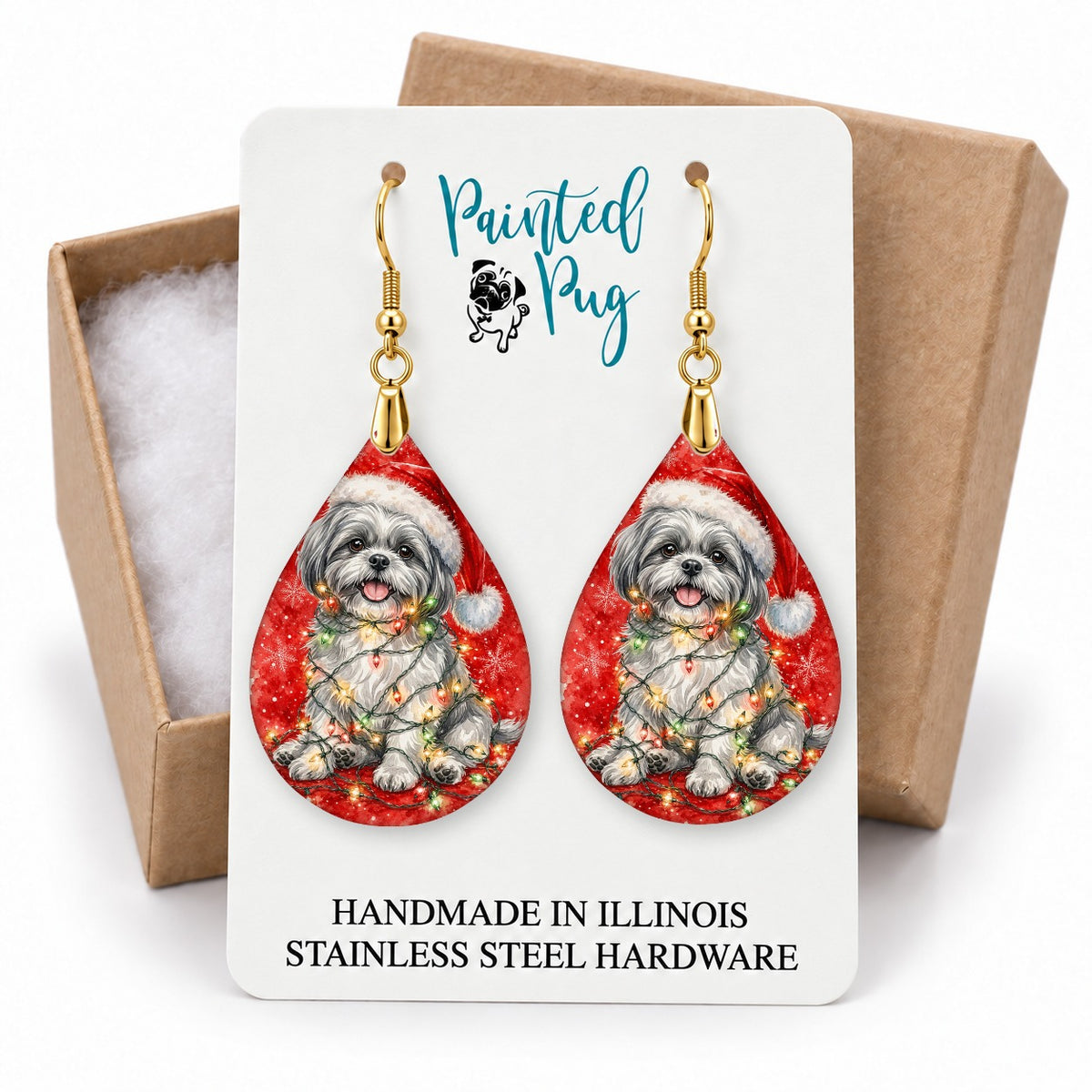 Grey Shih Tzu Christmas Lights teardrop earrings on a gift box card