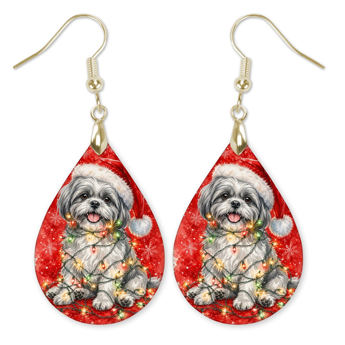 Grey Shih Tzu Christmas Lights teardrop earrings with gold-tone hooks
