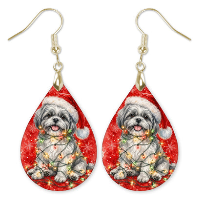 Grey Shih Tzu Christmas Lights teardrop earrings with gold-tone hooks