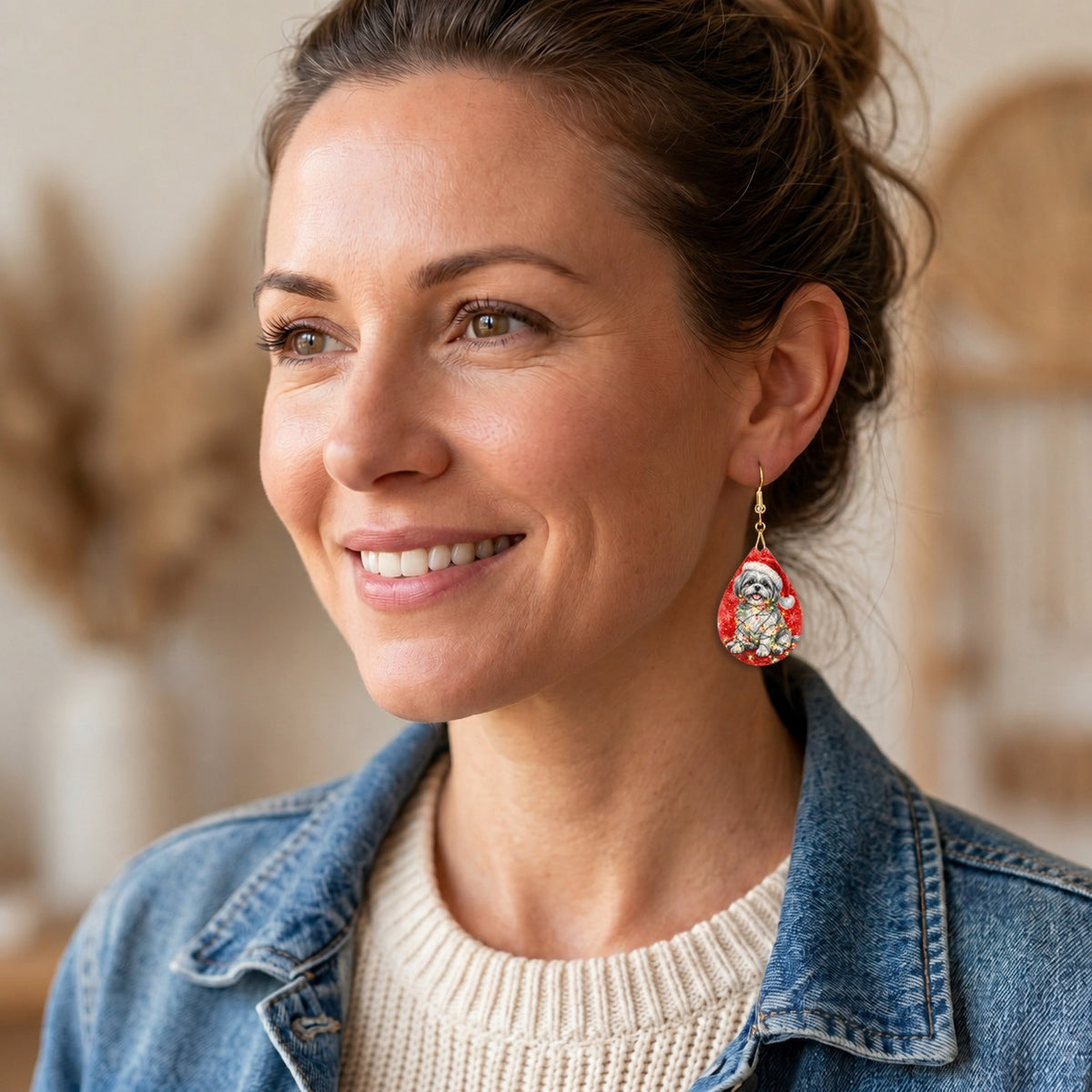 Grey Shih Tzu Christmas Lights teardrop earrings shown on a model