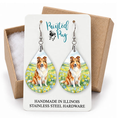 Collie spring meadow teardrop earrings on a Painted Pug earring card with a kraft gift box