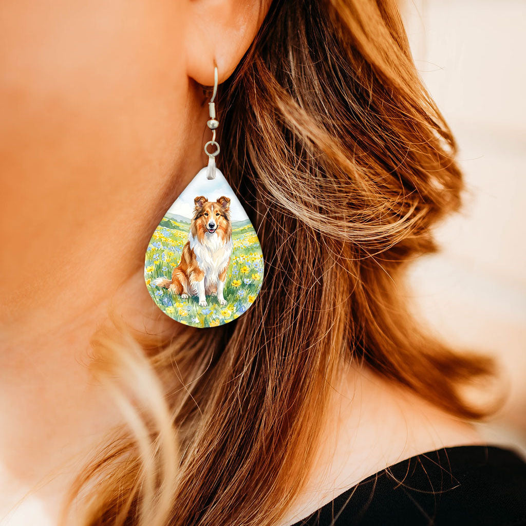 Model wearing collie spring meadow teardrop earrings