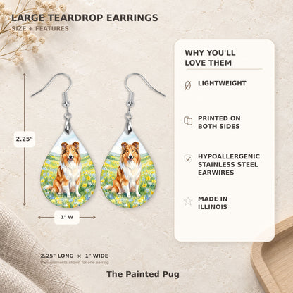 Size and features guide for the collie spring meadow teardrop earrings, 2.25 inches long by 1 inch wide