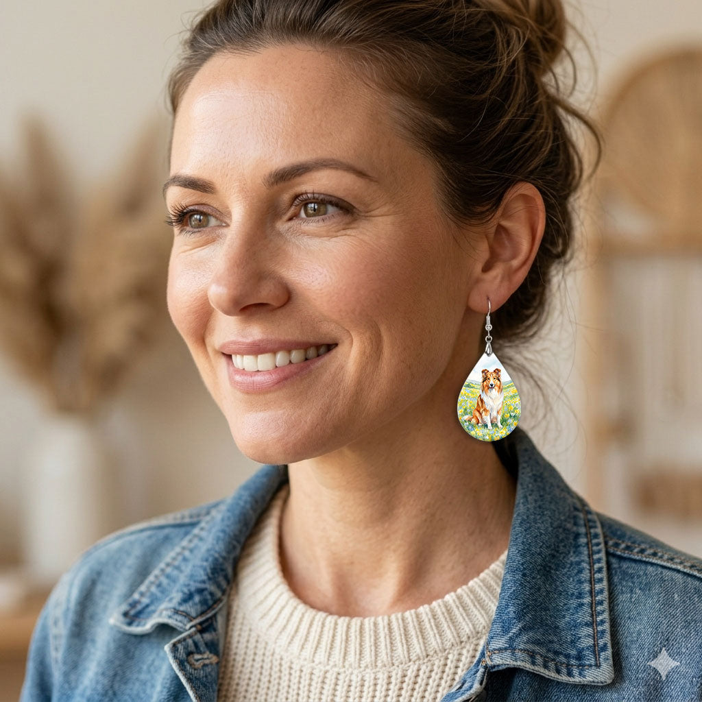 Woman wearing collie spring meadow teardrop earrings with silver-tone hooks