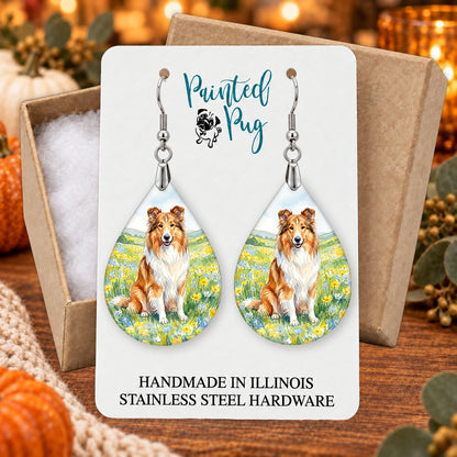 Collie spring meadow teardrop earrings gift boxed on a seasonal background
