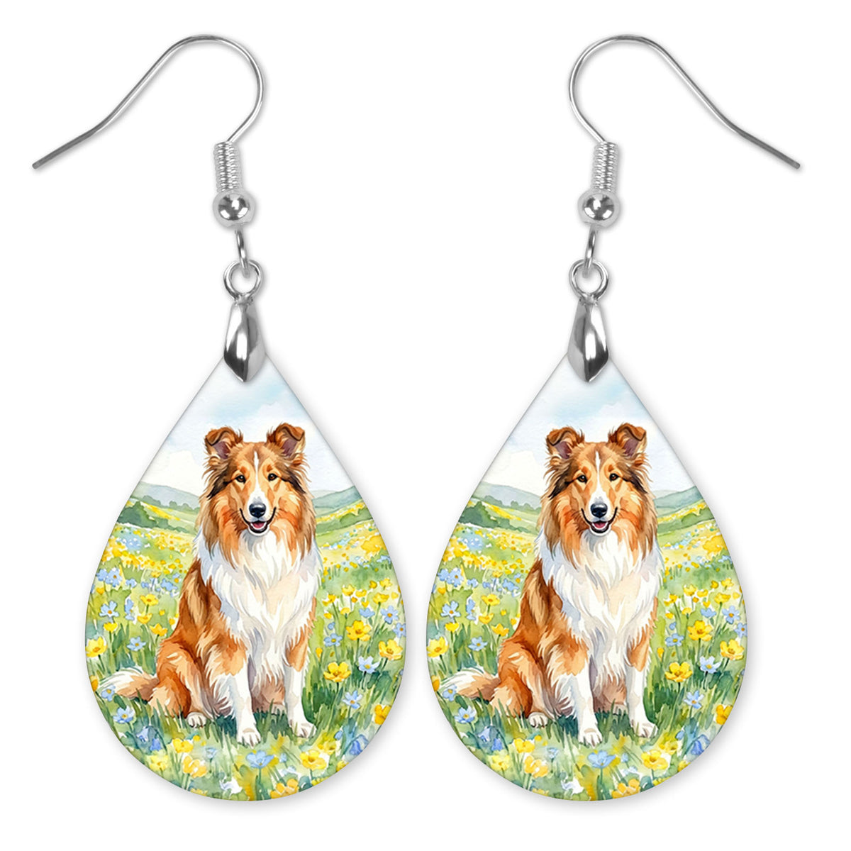 Collie in a yellow and blue wildflower meadow teardrop earrings with silver-tone hooks