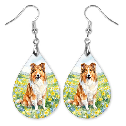 Collie in a yellow and blue wildflower meadow teardrop earrings with silver-tone hooks
