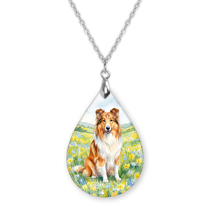 Collie spring meadow teardrop pendant necklace on a silver-tone chain