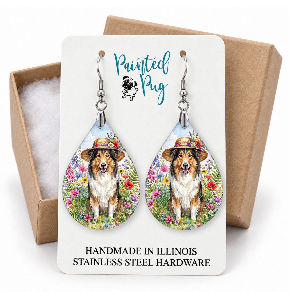 Collie wildflower teardrop earrings on a Painted Pug earring card with a kraft gift box