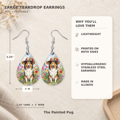 Size and features guide for the collie wildflower teardrop earrings, 2.25 inches long by 1 inch wide