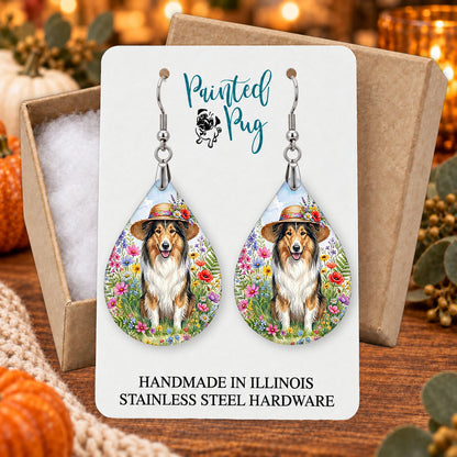 Collie wildflower teardrop earrings gift boxed on a seasonal background