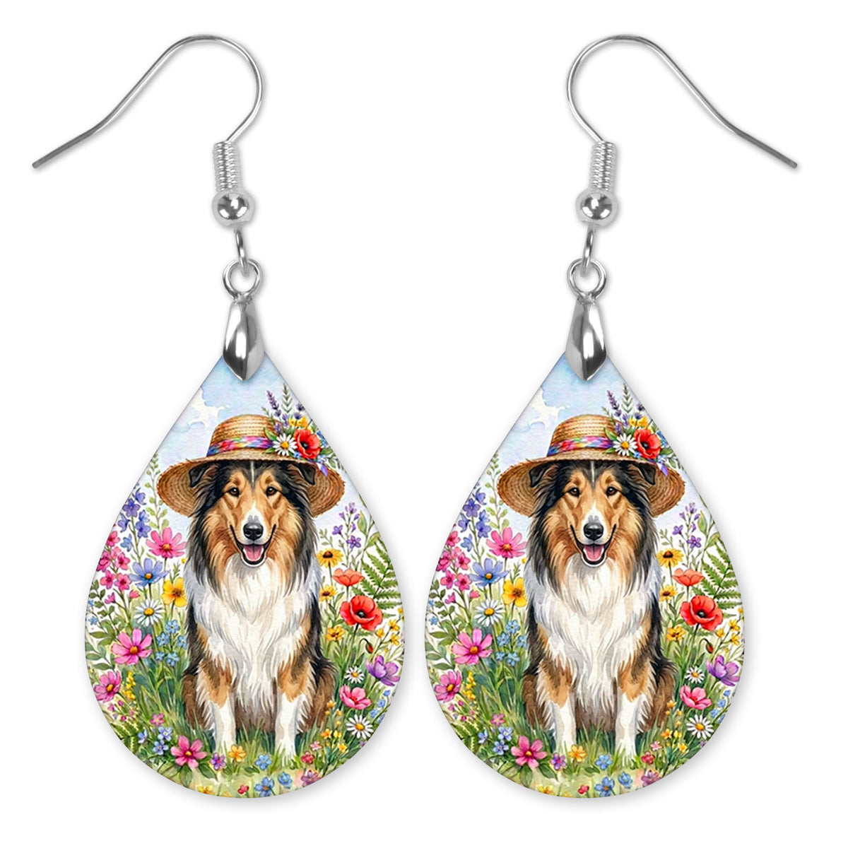 Collie in a straw hat in a wildflower field teardrop earrings with silver-tone hooks