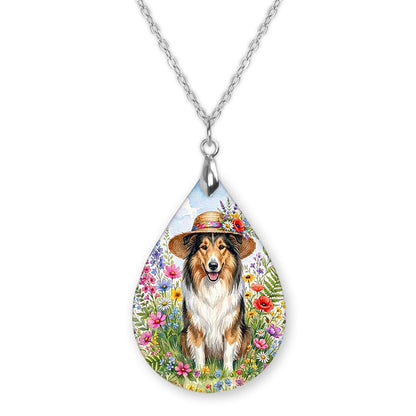 Collie wildflower teardrop pendant necklace on a silver-tone chain