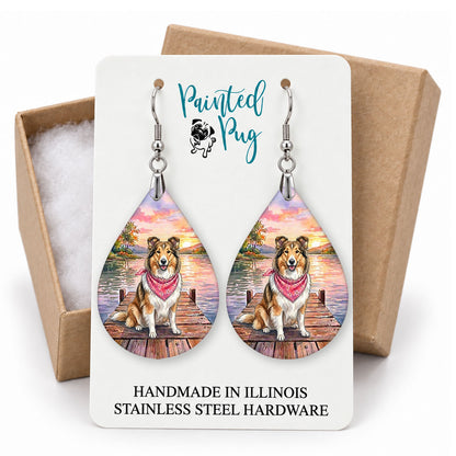 Collie lake teardrop earrings on a Painted Pug earring card with a kraft gift box