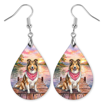 Collie on a dock at a lake sunset teardrop earrings with silver-tone hooks