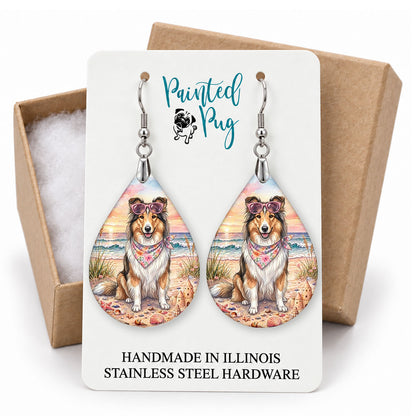 Collie beach teardrop earrings on a Painted Pug earring card with a kraft gift box