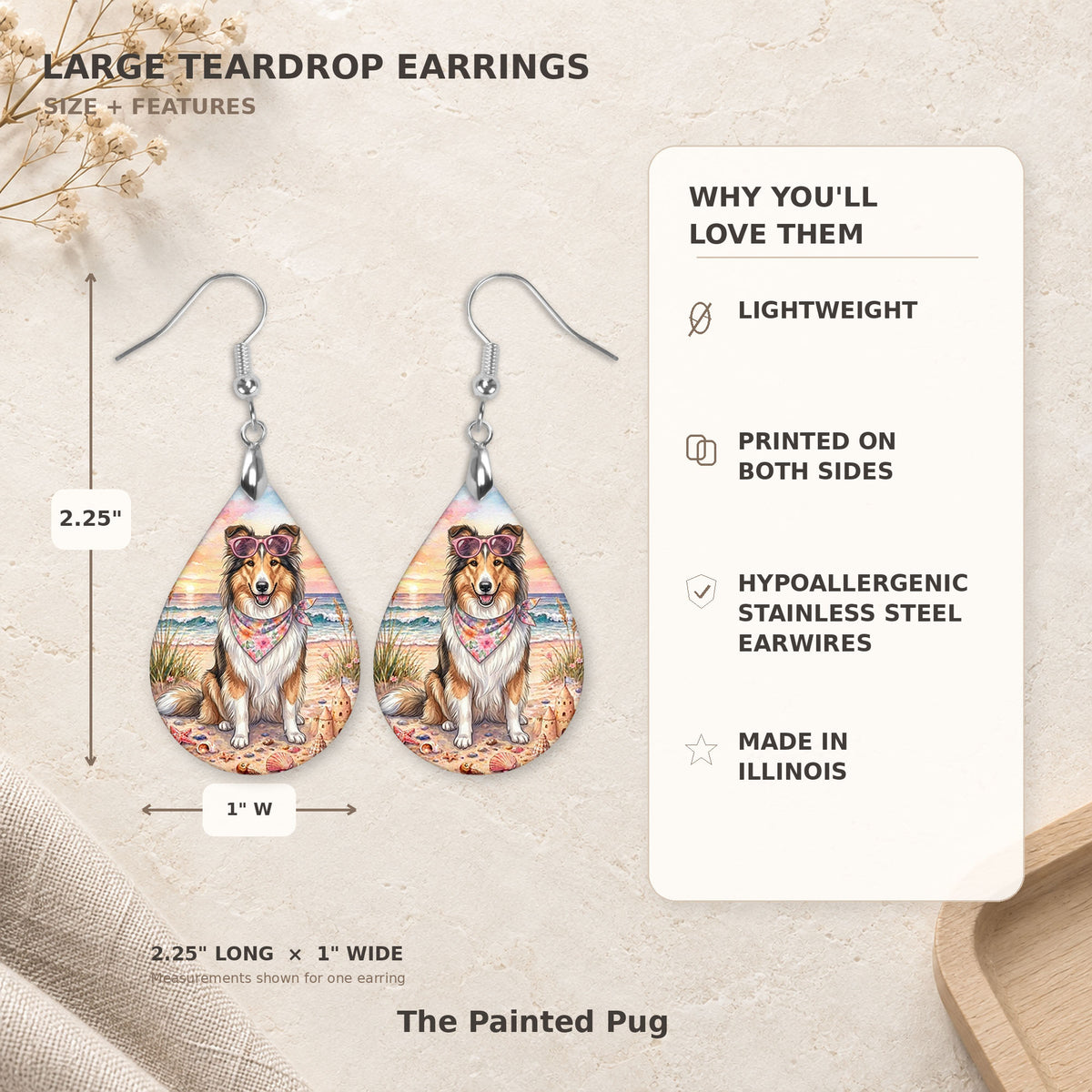 Size and features guide for the collie beach teardrop earrings, 2.25 inches long by 1 inch wide