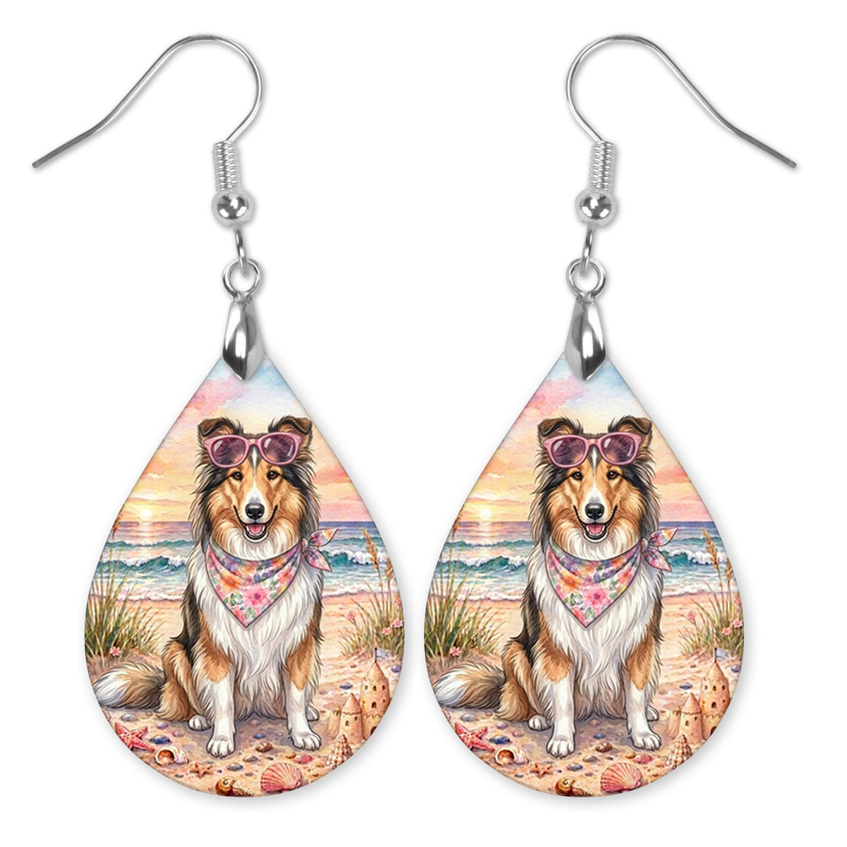 Collie in heart sunglasses at the beach teardrop earrings with silver-tone hooks